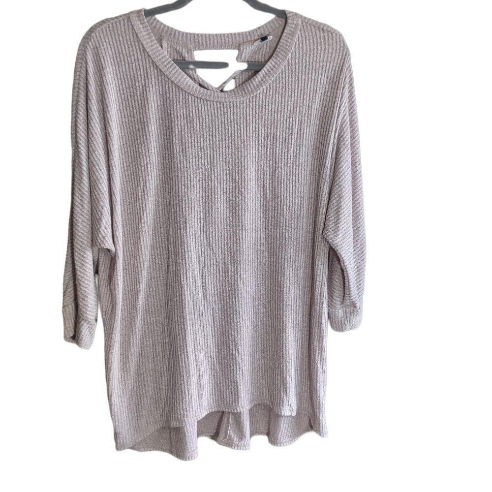 BKE Womens Mauve Pink Dolman sleeve Lace Up Back 3/4 Sleeve Ribbed Sweater Large